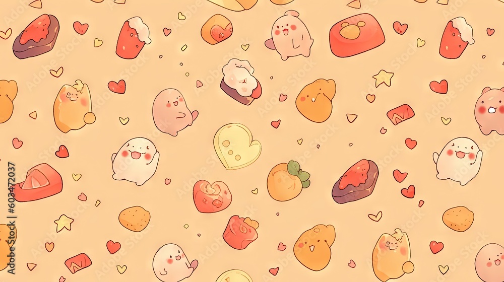 Poster a bunch of different types of food on a brown background with hearts and stars on it and a bear on t