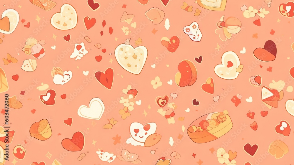Poster a pink background with hearts and other small objects in the shape of hearts and a teddy bear in a b