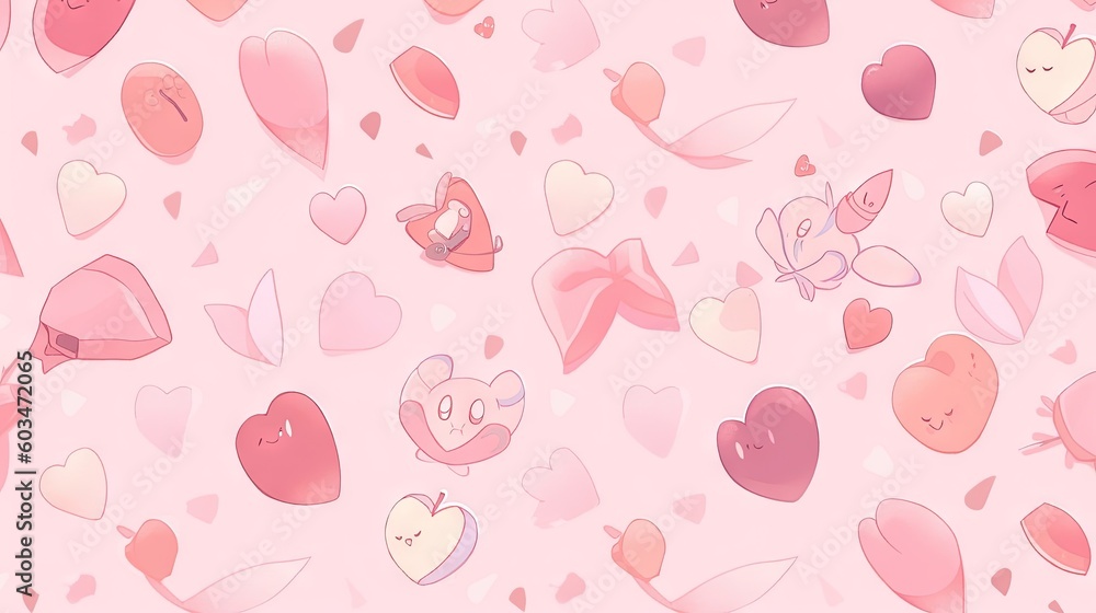 Poster a pink background with many hearts and a bow on the top of it and a bow on the bottom of the hearts 