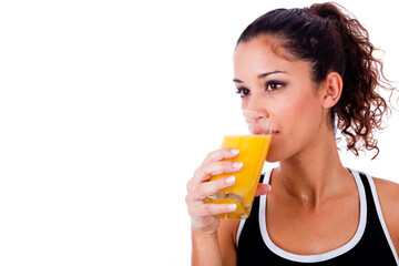 fitness girl drinking fresh juice on white isolated background