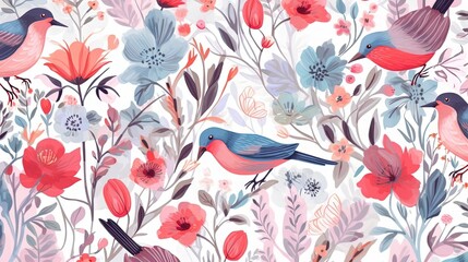  a pattern of birds and flowers on a white background with red, blue, and pink flowers and leaves on a white background with red, pink, blue, pink, and blue, and gray, and red colors.  generative ai