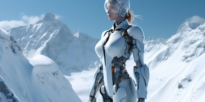 Beautiful Female Cyber Fashion Robot On The Snow Mountains Background, Banner. Artificial Intelligence. Quantum Computer. Tourism In The Alps, Winter Holidays Concept. AI Generative.