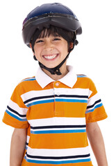 Kid with head cap ready for bicycle ride on white background
