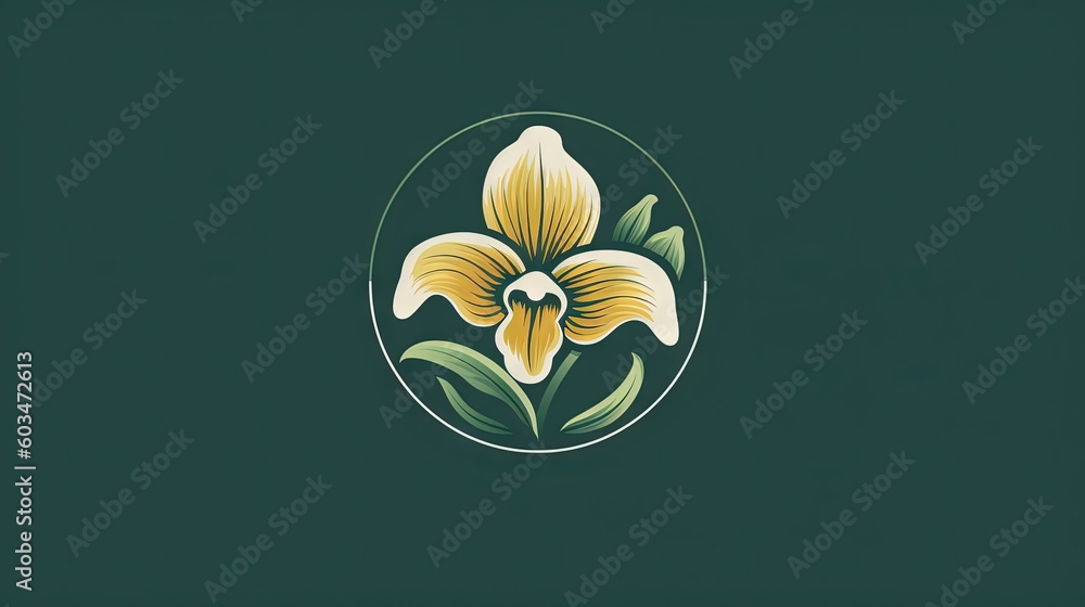 Poster a yellow flower with green leaves in a circle on a dark green background with a white circle in the 