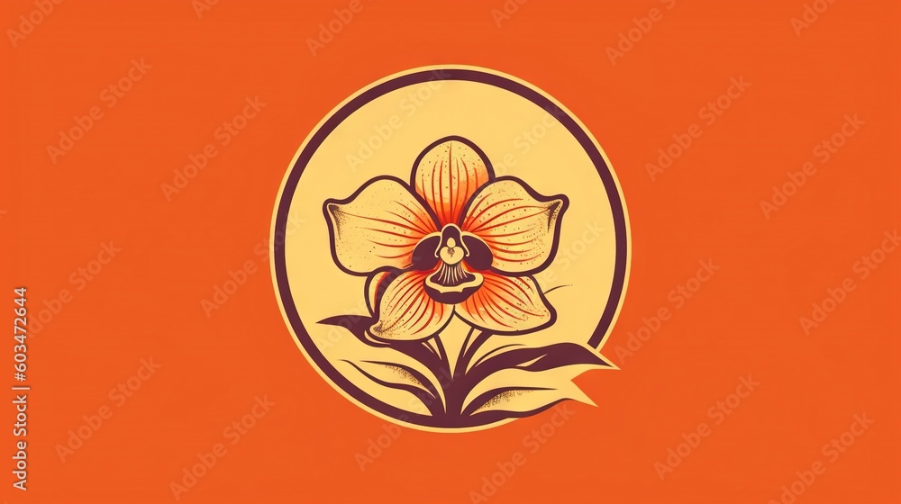 Poster an orange and yellow flower with leaves on an orange background with an oval frame with a flower in 