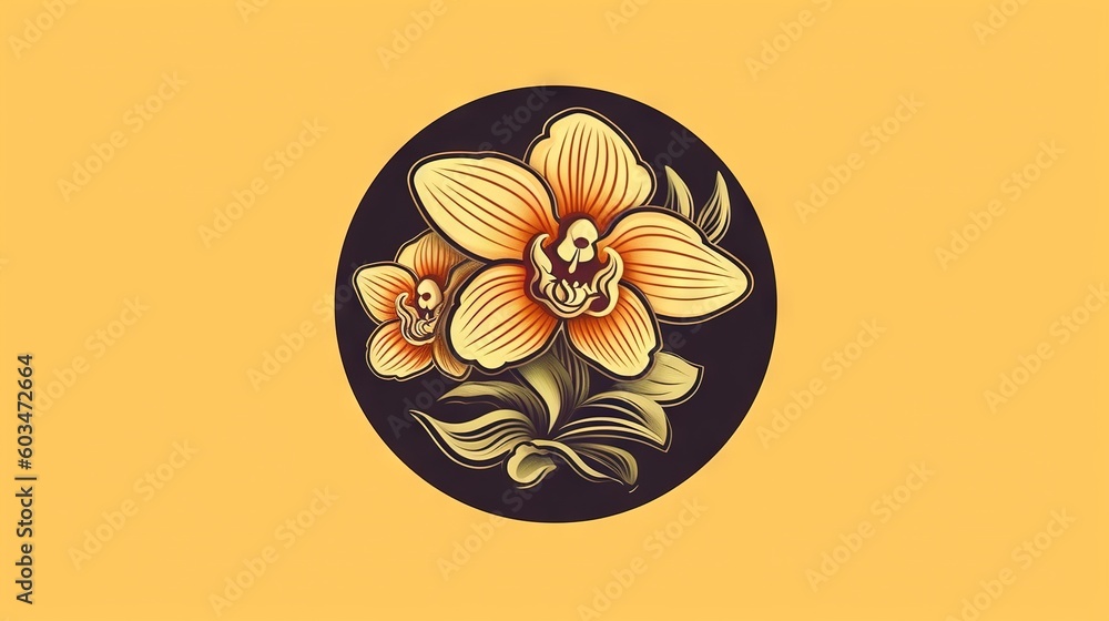 Poster a yellow flower with a skull in the middle of it on a black circle with a yellow background and a bl