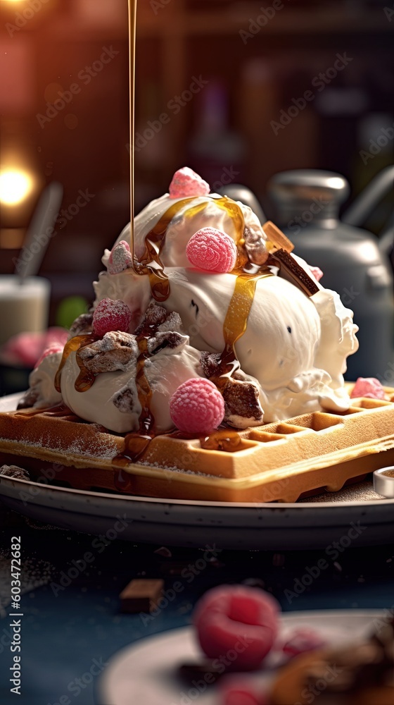 Poster a waffle topped with ice cream and toppings on a plate with a teapot in the background and a teapot 