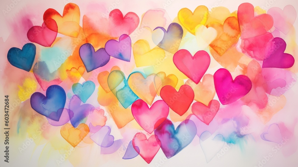 Poster a painting of many different colored hearts on a white background with watercolor stains on it and a