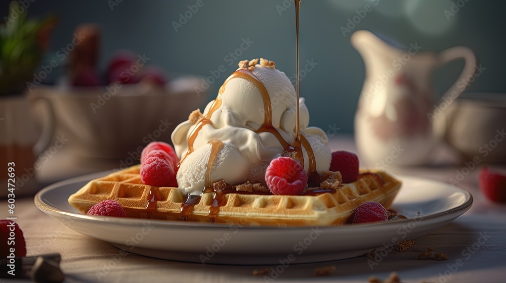 Poster a waffle topped with ice cream, raspberries, and a drizzle of caramel syrup on a table with a pitche
