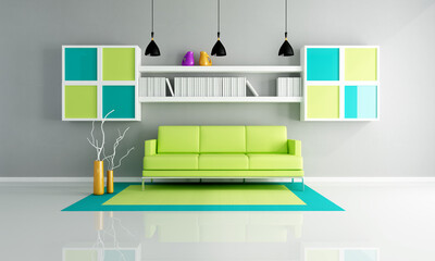 green sofa on colored carpet in a contemporary lounge - rendering