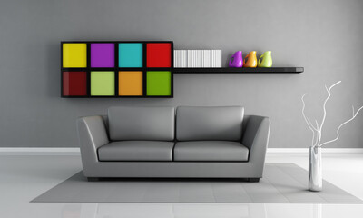 gray leather couch and colored cabinet in a minimalist living room - rendering