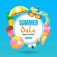 Creative summer sale banner in trendy colors with beach accessories and discount text. Season promotion. Vector template in square shape.
