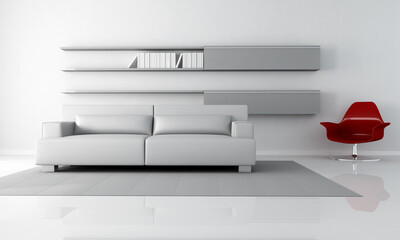 gray minimalist living room with couch and red fashion armchair - rendering