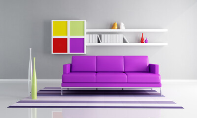 purple couch and colored cabinet in a gray lounge - rendering