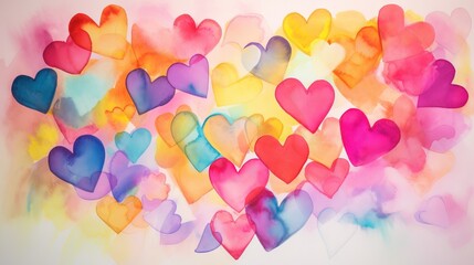  a painting of many different colored hearts on a white background with watercolor stains on it and a white background with a white background and a white border.  generative ai