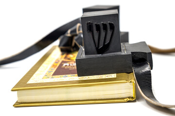 Tefillin  or  phylacteries . Pair of black leather boxes  for the arm and for the head with leather...