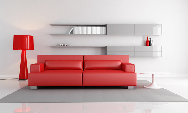 minimalist interior with red leather sofa fashion floor lamp - rendering