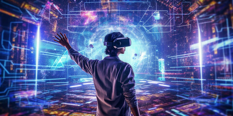Young man with virtual reality VR goggle. Metaverse digital cyber world future technology. Futuristic 3d glasses with virtual projection. Neon light. Gamer. AI Generative