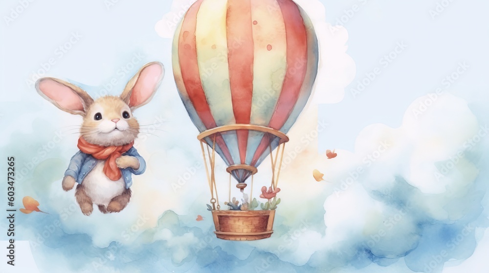Poster a painting of a rabbit flying in a hot air balloon with a rabbit in it's lap and a balloon in the sk