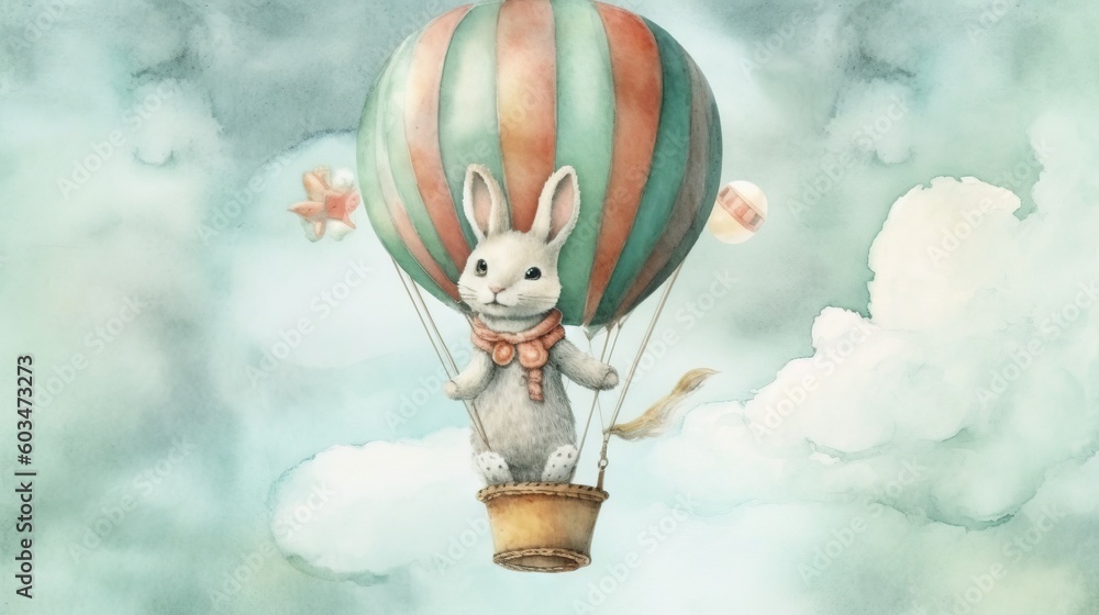 Poster a painting of a bunny in a hot air balloon with a squirrel on it's back and a squirrel on the front 