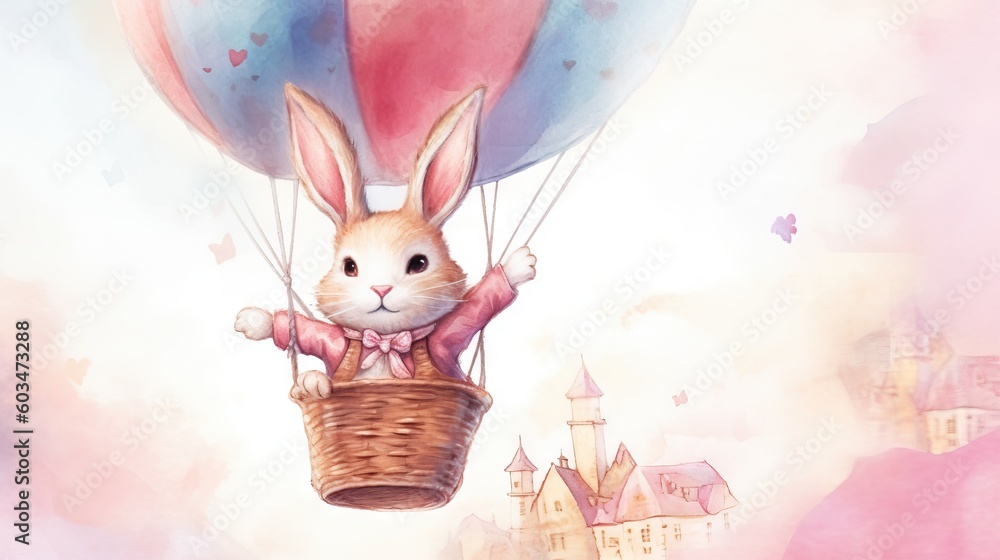 Poster a painting of a rabbit in a basket flying in the sky with a castle in the background and a castle in