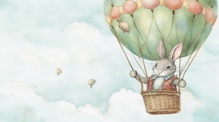  a painting of a bunny in a basket flying in the sky with a balloon attached to it's back and a rabbit in the air.  generative ai