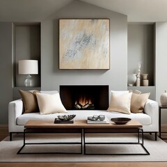 A living room with a fireplace and a painting on the wall Generative AI