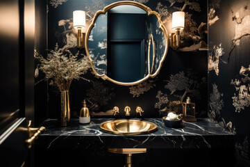 A chic and glamorous powder room with a statement wallpaper, a decorative vanity, and gold accents for a touch of luxury. Generative AI