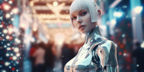 Beautiful female cyber fashion robot on the space winter christmas background. Artificial Intelligence. Quantum computer. Space concept. AI Generative.