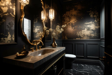 A chic and glamorous powder room with a statement wallpaper, a decorative vanity, and gold accents for a touch of luxury. Generative AI