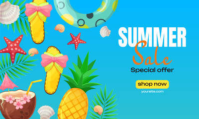 Creative summer sale banner in trendy colors with beach accessories and discount text. Season promotion. Vector template.