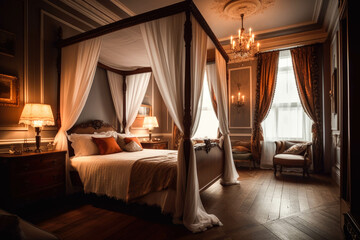 An elegant bedroom with a luxurious four-poster bed, adorned with plush bedding and draped curtains, creating a cozy and romantic atmosphere. Generative AI