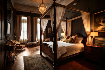 An elegant bedroom with a luxurious four-poster bed, adorned with plush bedding and draped curtains, creating a cozy and romantic atmosphere. Generative AI