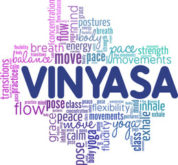 Vinyasa Yoga word cloud conceptual design isolated on white background.