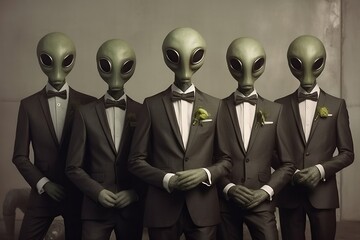 Elegant Extraterrestrial Collective in Tuxedos. Generative AI