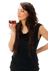 cute and young brunette in a black dress with a glass of  italian red wine