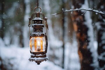 Enchanting Winter Forest Lantern Hanging from Tree. Generative AI