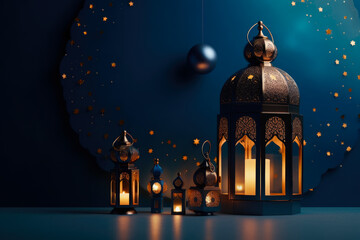 Fototapeta premium Backgrounds with ornamental arabic lanterns, generative ai 