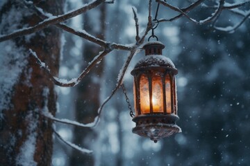 Enchanting Winter Forest Lantern Hanging from Tree. Generative AI