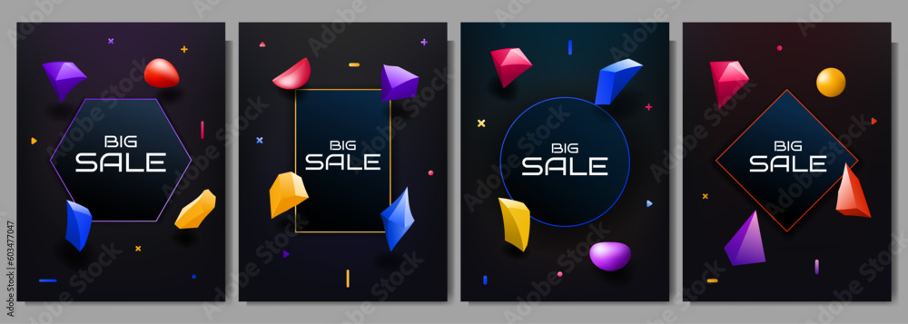 Poster vector illustrations. sale banner. dynamic abstract colorful backgrounds set. gradient 3d geometric 