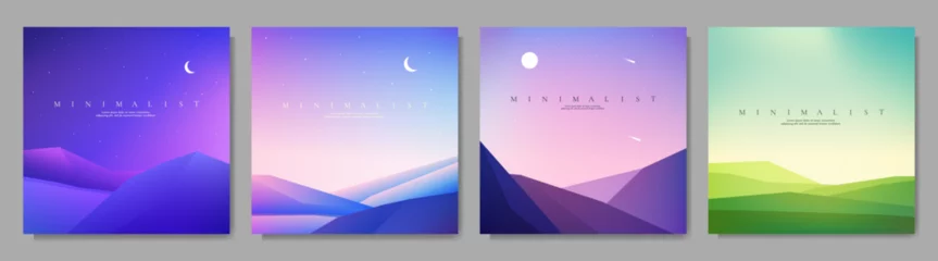 Rolgordijnen Vector illustration. Flat landscapes. Colorful backgrounds set. Night scene, lake by hills, evening mountain, meadow.  Design for web banner, social media template. Polygonal shapes. Summer season © VVadi4ka