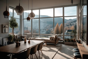 modern cozy bright apartment with large panoramic windows overlooking the mountains, Generative AI