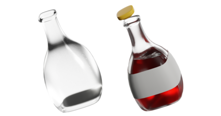 A transparent photography of glass bottles , one filled whit wine and labeled, other empty 