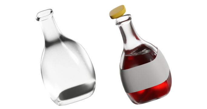 A transparent photography of glass bottles , one filled whit wine and labeled, other empty  - Powered by Adobe