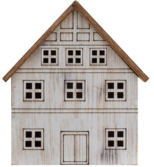 Model Wooden House with white paint,Isolated Small wood toy home, Miniture Cottage, Element for Environmentally eco friendly real estate concept