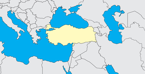 Türkiye country border outline and surrounded by other countries. Turkey border silhouette.