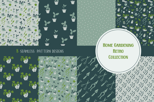 Set of home gardening seamless patterns. Houseplants, tools, simple textures. Vector illustrations of garden elements. Cute minimalistic style retro backgrounds. © danielekaterina