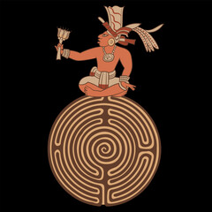 Ancient Mayan man holding flower seated on top of a round spiral maze or labyrinth symbol. On black background.