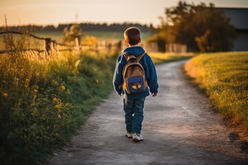 Little boy walking back to school from behind. Generative AI