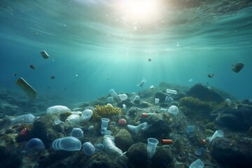 Naklejka na ściany i meble Underwater Menace Plastic Pollution in the Ocean. Generative AI